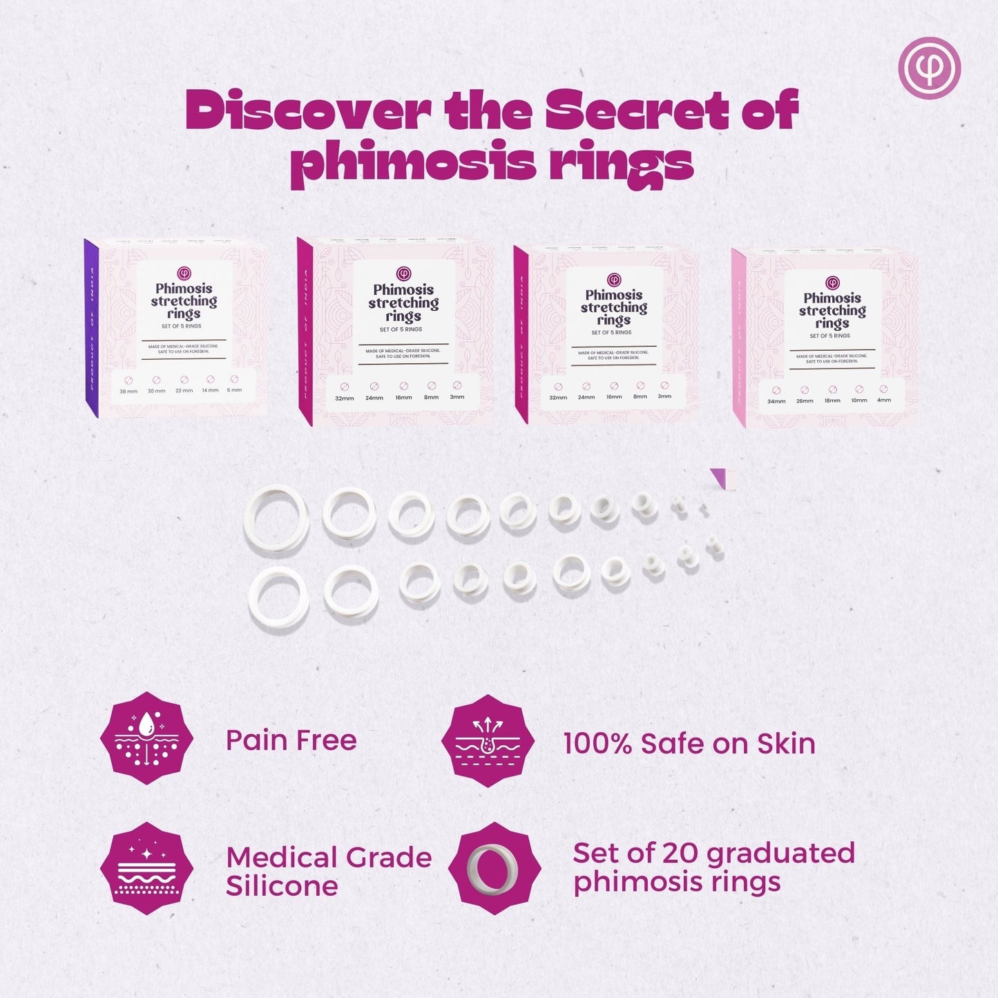 Treat Phimosis stretching rings (20 rings), fore-stretch cream, phimosis oil, ring removal tool & information booklet on treating phimosis at home