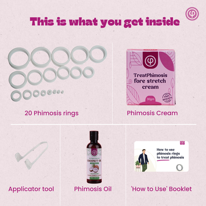 Treat Phimosis stretching rings (20 rings), fore-stretch cream, phimosis oil, ring removal tool & information booklet on treating phimosis at home