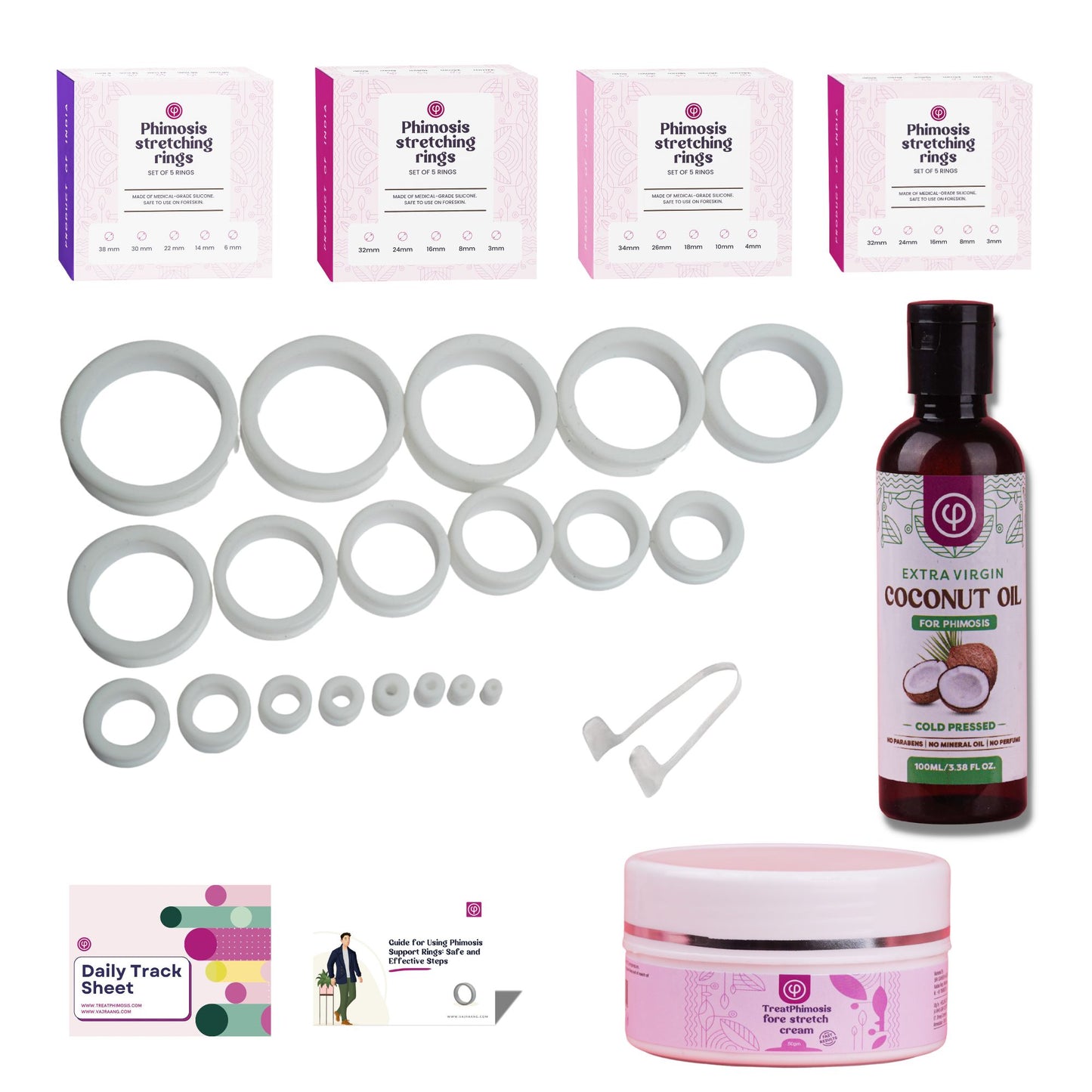 Treat Phimosis stretching rings (20 rings), fore-stretch cream, phimosis oil, ring removal tool & information booklet on treating phimosis at home